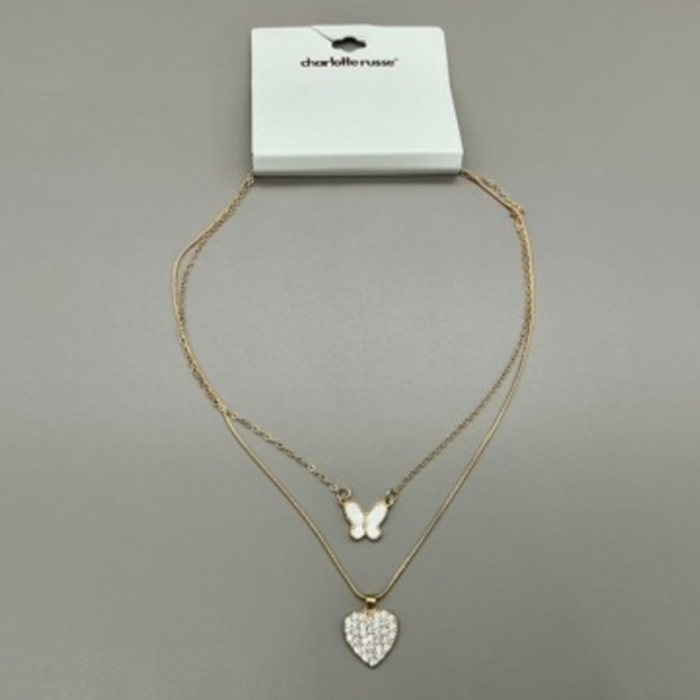 Charlotte Russe Necklace Womens Gold Layered Butterfly Heart Rhinestone 16-18in